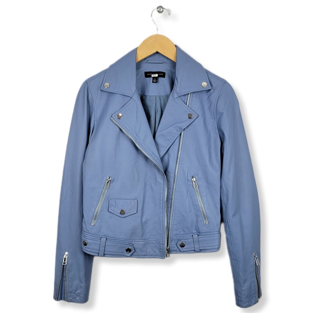 Slate & Willow Powder Blue Leather Cropped Moto Jacket **FLAW**